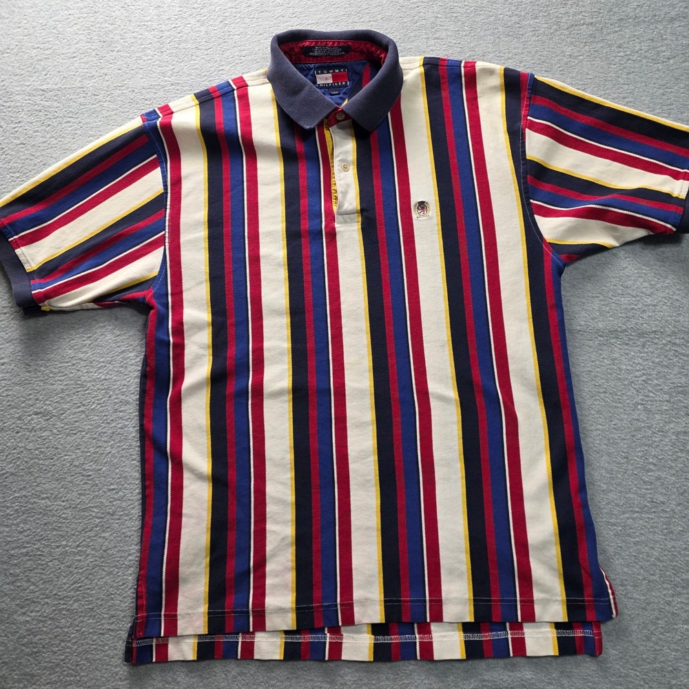 Tommy Hilfiger Vintage Multi Color Vertical‎ Stripe Crest Polo Shirt Mens Large